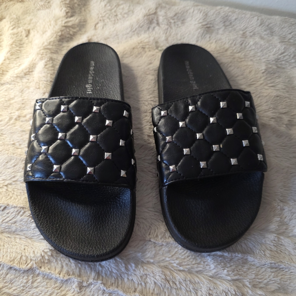 Madden Girl Black Quilted Slide Sandals with Silver Studs